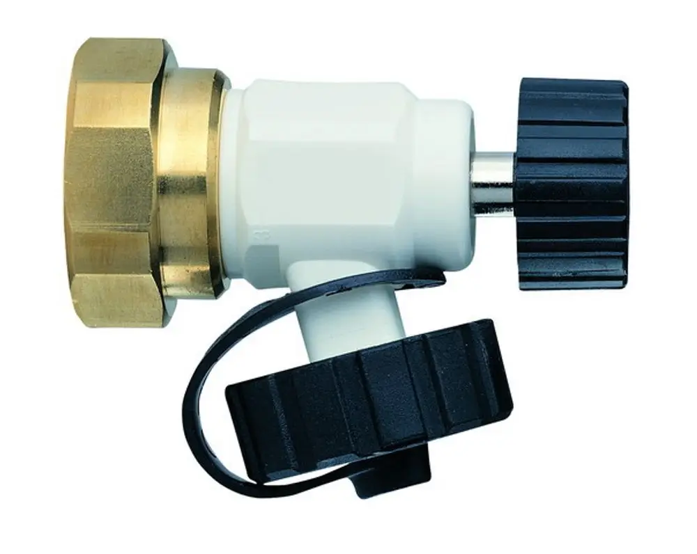 Drehbare Entleerungsvorrichtung mit einem Anschluss G3/4, geeignet für einen 1/2"-Schlauchanschluss, hergestellt von IMI Hydronic Engineering.